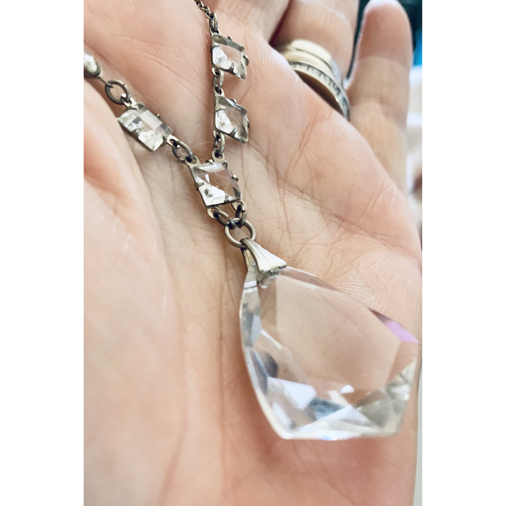 Antique 1920s Art Deco Necklace Faceted Clear Glass Pendant 16" Fancy Chain The Best Vintage Clothing