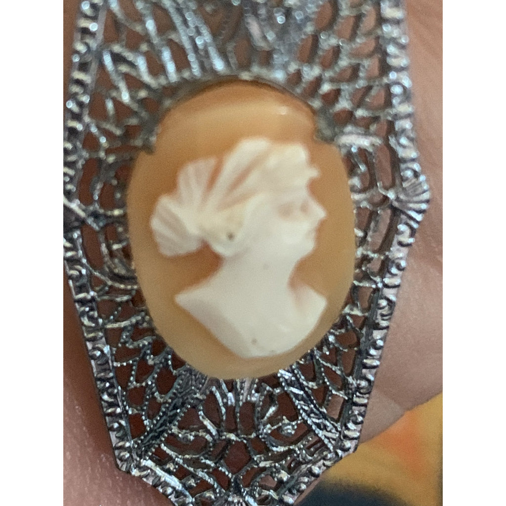 Antique Vintage Art Deco 1920s Filigree Cameo Pendant Necklace Downton Gatsby Fancy 16" Elongated Chain The Best Vintage Clothing