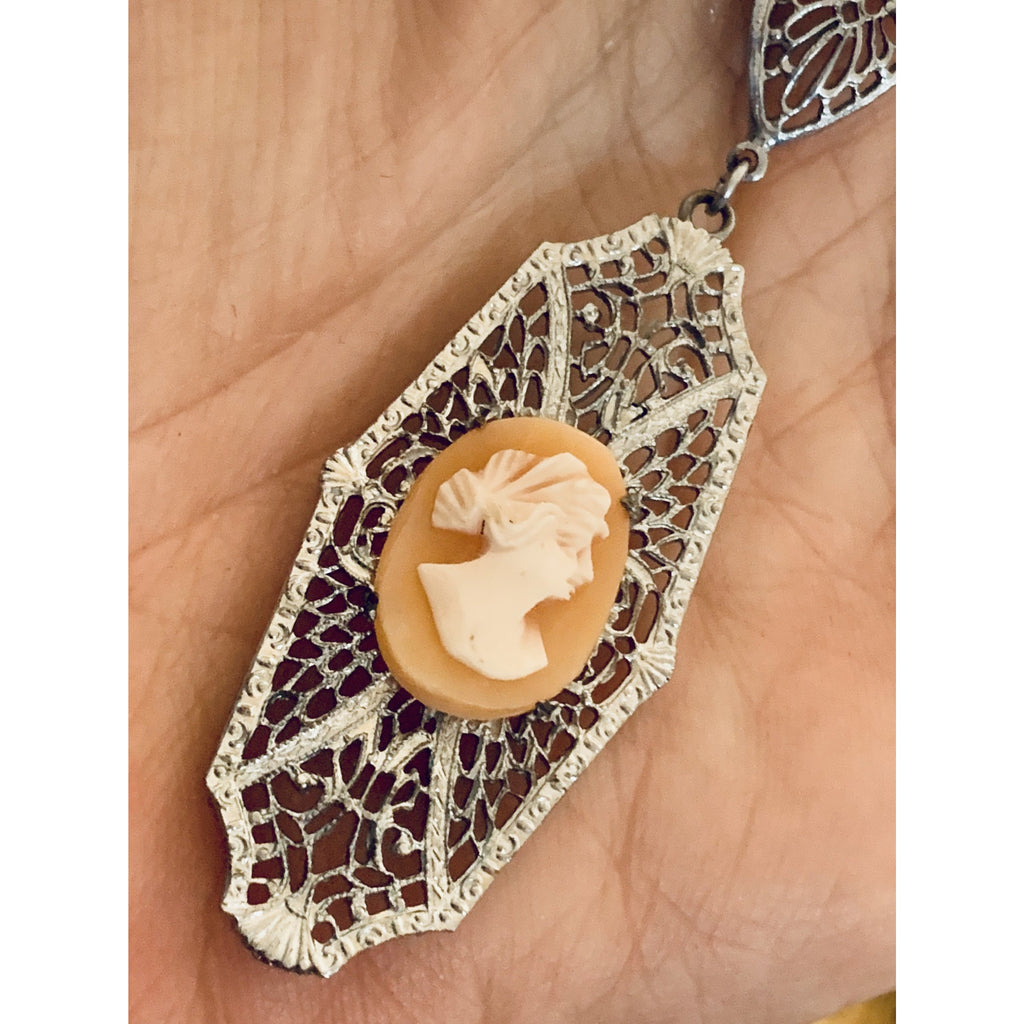 Antique Vintage Art Deco 1920s Filigree Cameo Pendant Necklace Downton Gatsby Fancy 16" Elongated Chain The Best Vintage Clothing