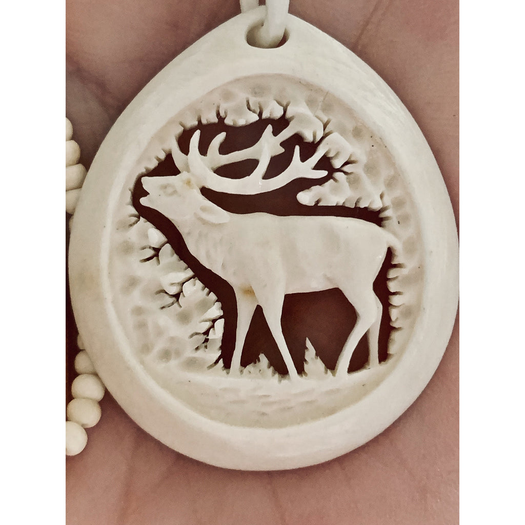 RARE Vintage Bone Elk Carved Necklace Pendant Bone Beads 1920s 15" Necklace The Best Vintage Clothing
