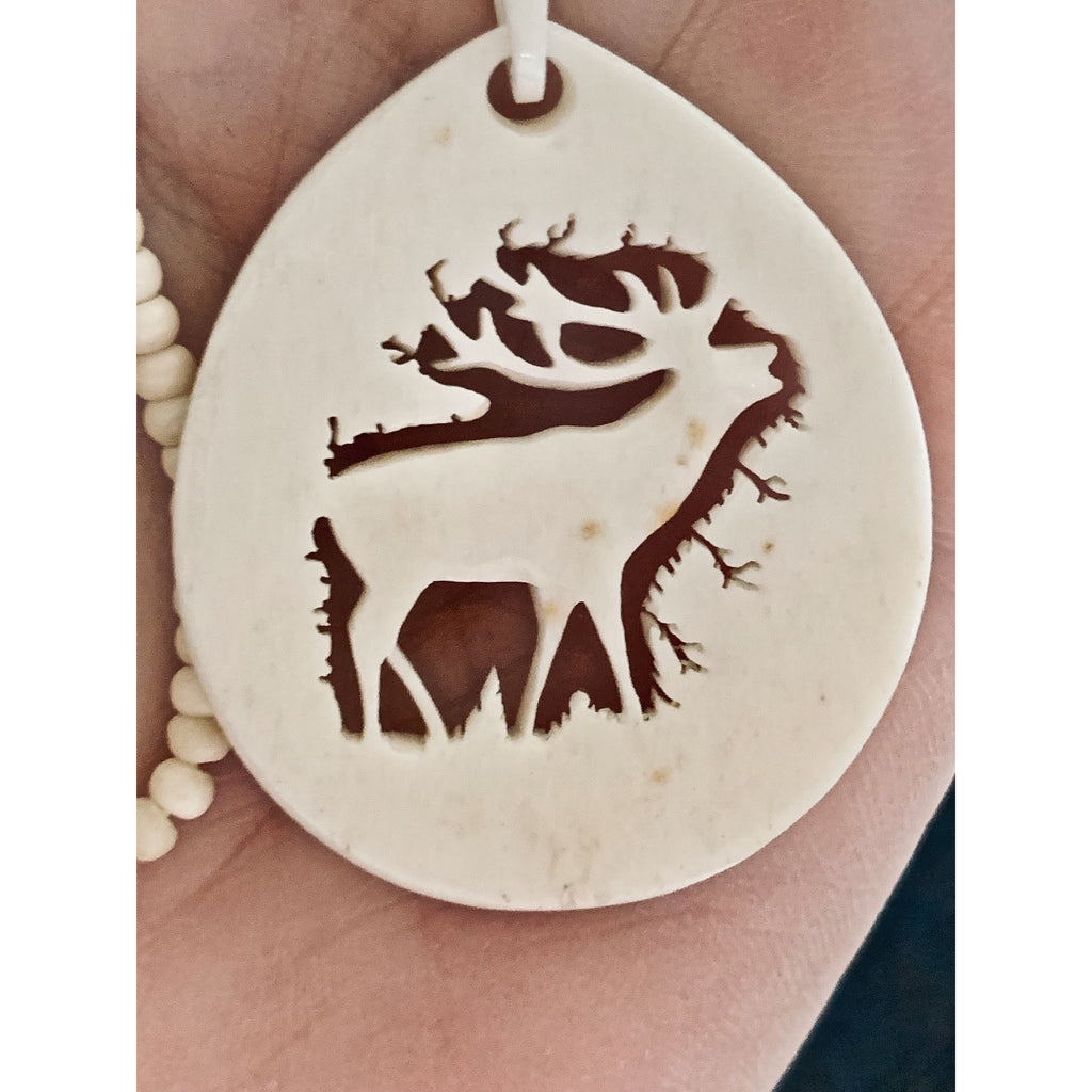 RARE Vintage Bone Elk Carved Necklace Pendant Bone Beads 1920s 15" Necklace The Best Vintage Clothing