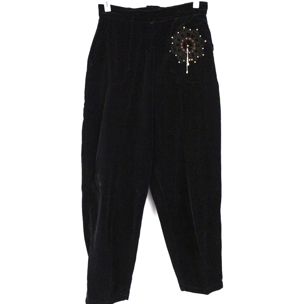 Fab Vintage womens Velvet High Waist Pants with CLOCK Painting Jewels 1950s Small 28" Waist RARE Rockabilly The Best Vintage Clothing