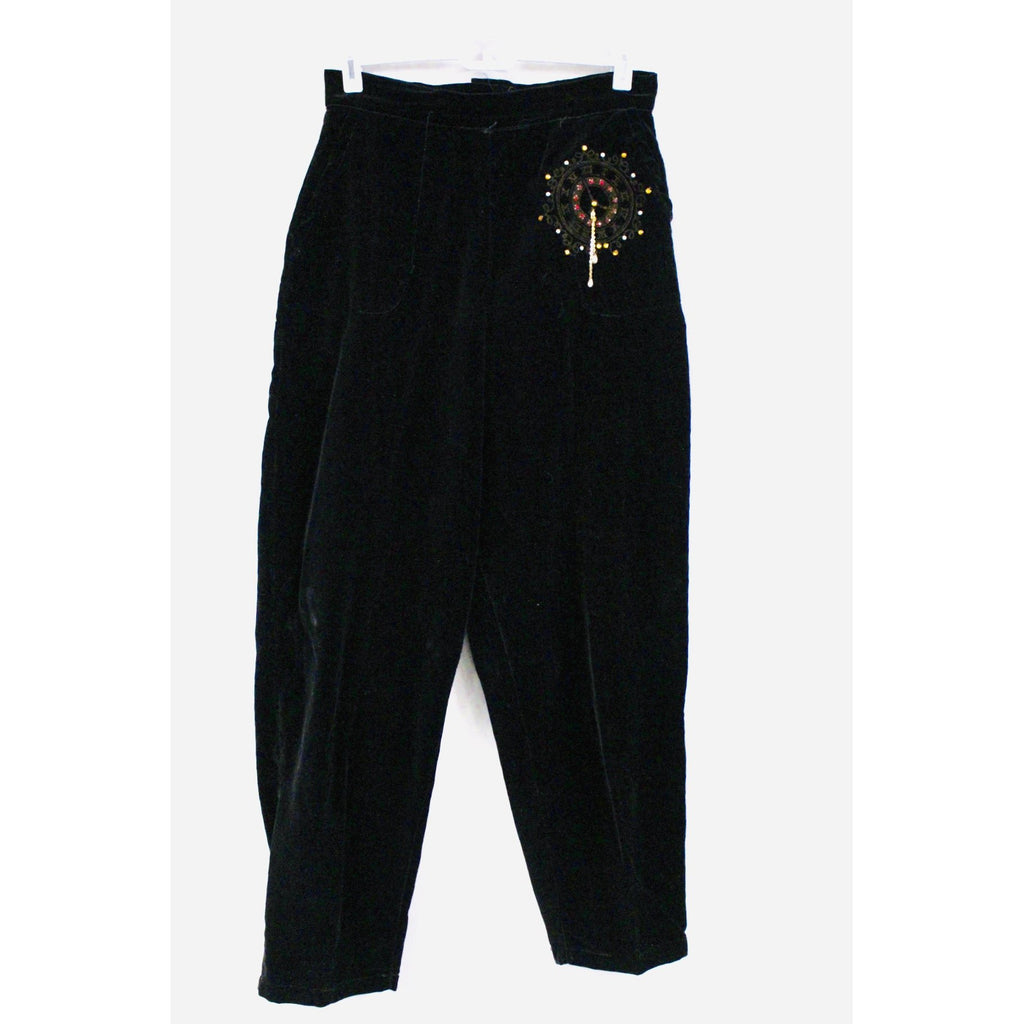 Fab Vintage womens Velvet High Waist Pants with CLOCK Painting Jewels 1950s Small 28" Waist RARE Rockabilly The Best Vintage Clothing