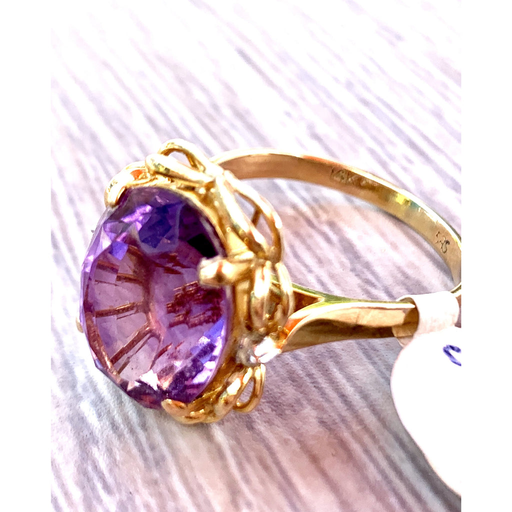 Natural Amethyst Diamonds 14KT Gold Statement Ring Ladies sz 10 1960s Vintage The Best Vintage Clothing