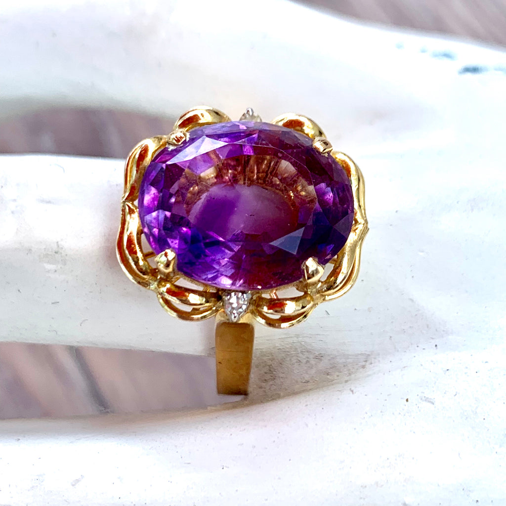 Natural Amethyst Diamonds 14KT Gold Statement Ring Ladies sz 10 1960s Vintage The Best Vintage Clothing