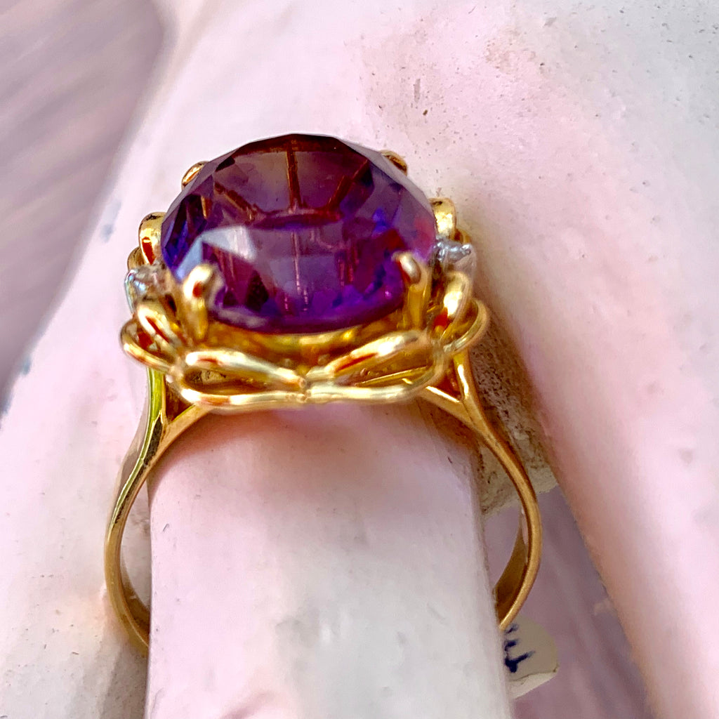 Natural Amethyst Diamonds 14KT Gold Statement Ring Ladies sz 10 1960s Vintage The Best Vintage Clothing