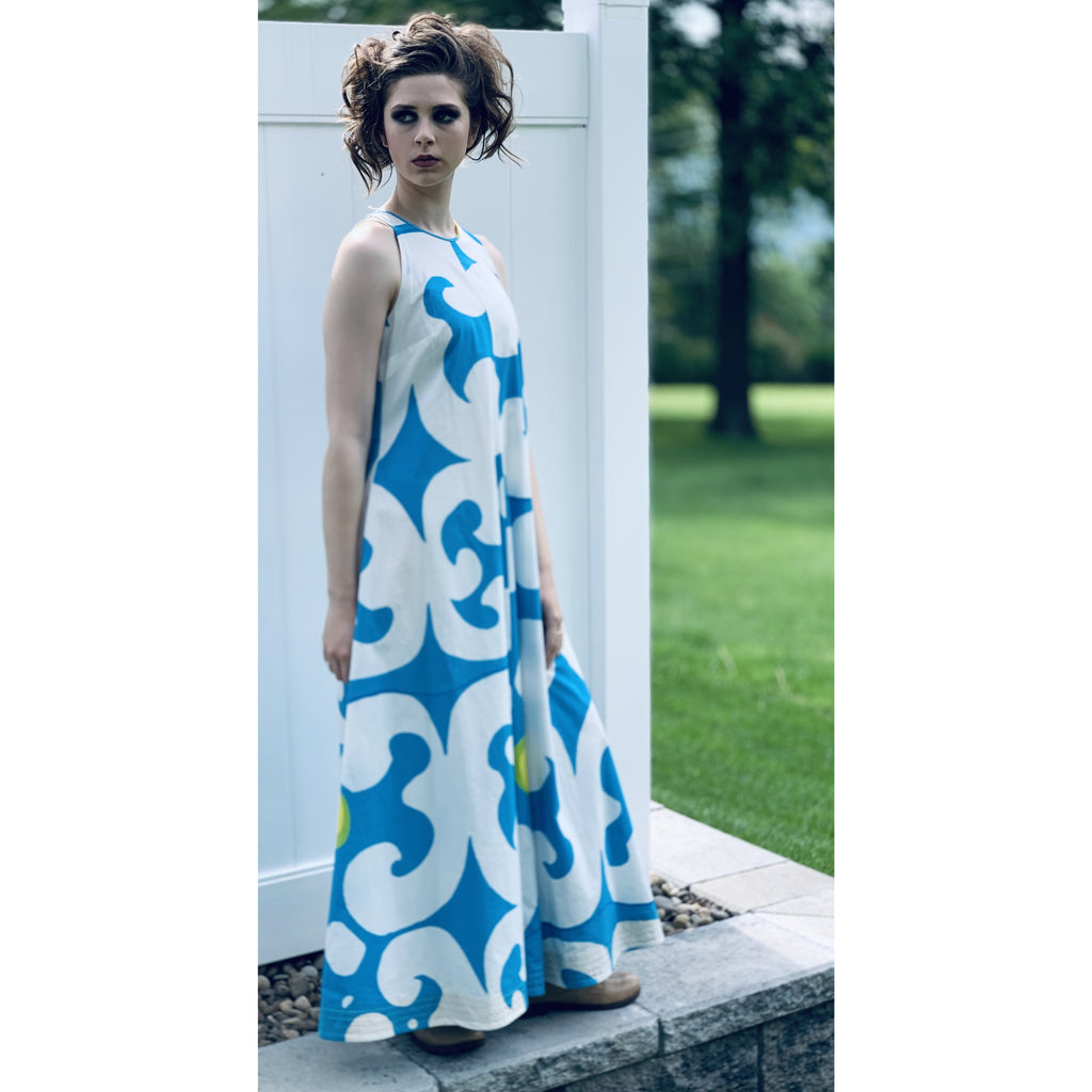 VTG 1966 RARE Marimekko Maxi Gown Turquoise Blue, White, Yellow ”Keida ...