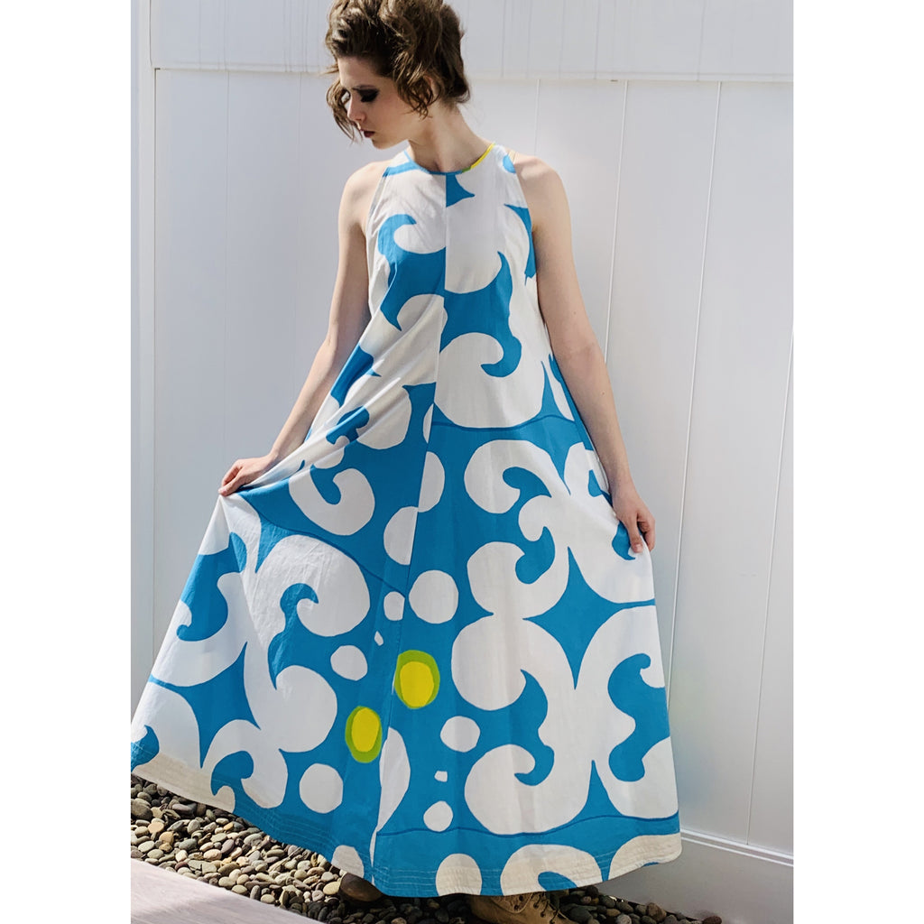 VTG 1966 RARE Marimekko Maxi Gown Turquoise Blue, White, Yellow ”Keida ...