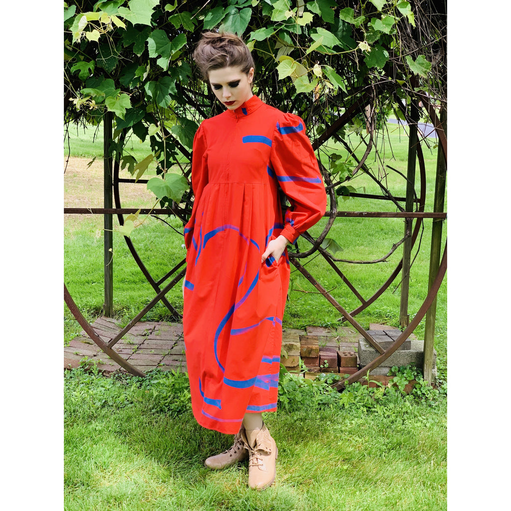 Vintage Vuokko Womens Dress XXS Bright Red Blue Abstract Print Cotton 1970s marimekko The Best Vintage Clothing