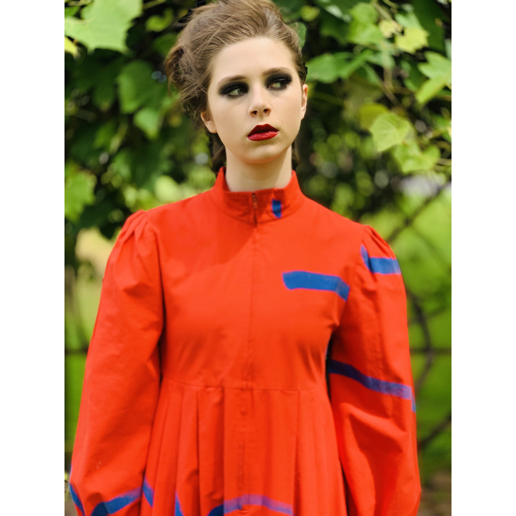 Vintage Vuokko Womens Dress XXS Bright Red Blue Abstract Print Cotton 1970s marimekko The Best Vintage Clothing