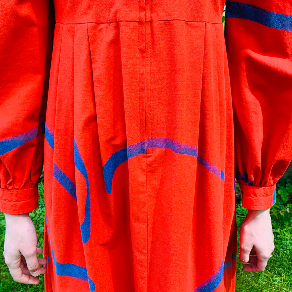 Vintage Vuokko Womens Dress XXS Bright Red Blue Abstract Print Cotton 1970s marimekko The Best Vintage Clothing