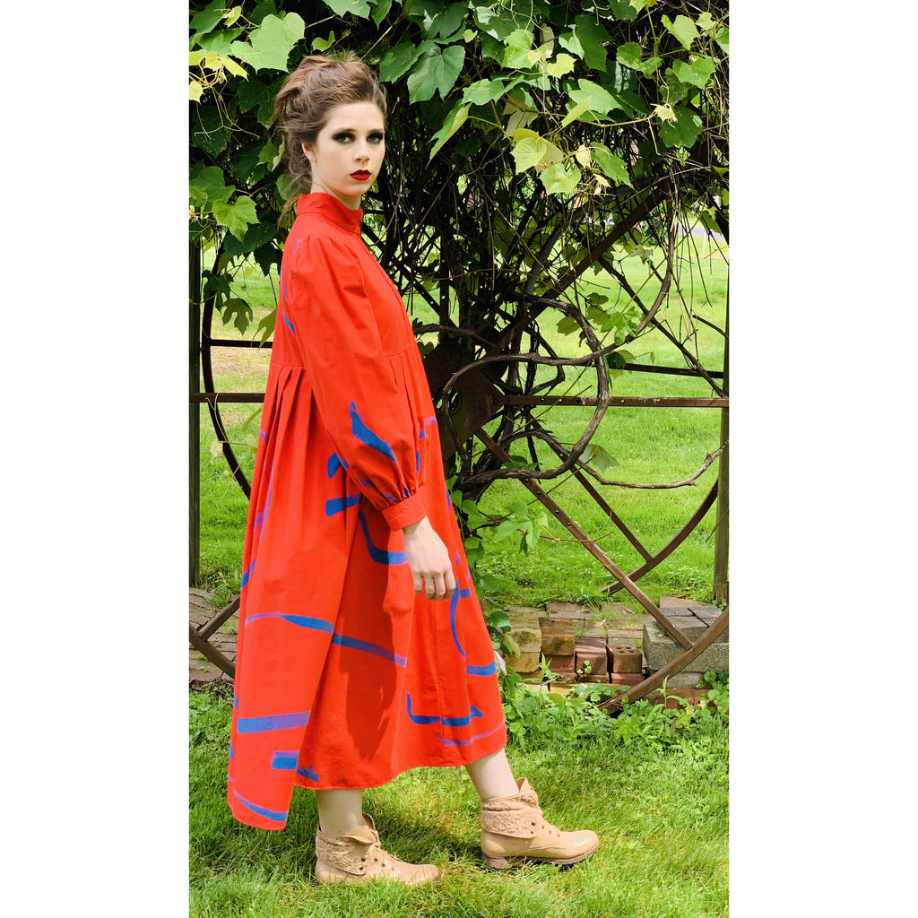 Vintage Vuokko Womens Dress XXS Bright Red Blue Abstract Print Cotton 1970s marimekko The Best Vintage Clothing