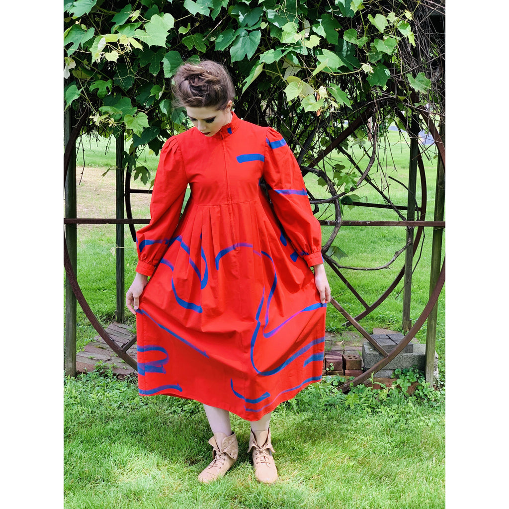 Vintage Vuokko Womens Dress XXS Bright Red Blue Abstract Print Cotton 1970s marimekko The Best Vintage Clothing