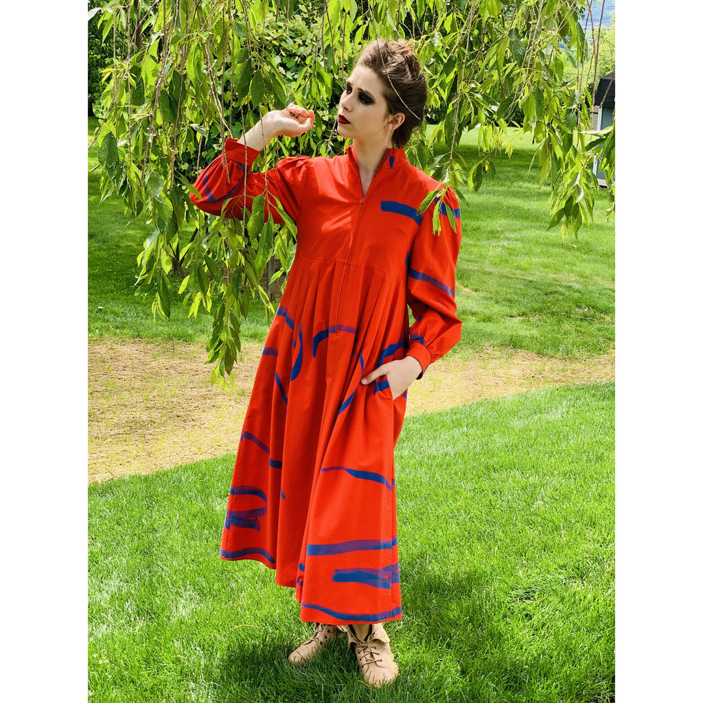 Vintage Vuokko Womens Dress XXS Bright Red Blue Abstract Print Cotton 1970s marimekko The Best Vintage Clothing