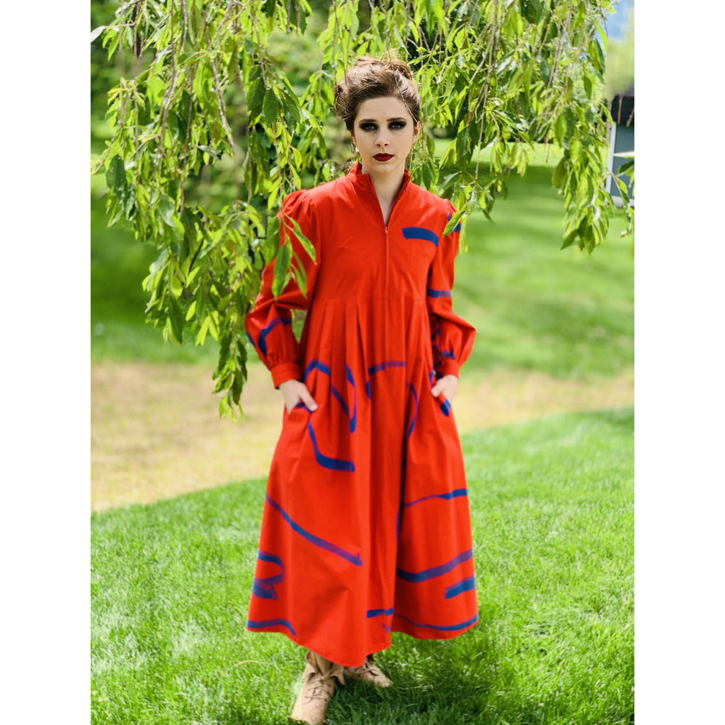 Vintage Vuokko Womens Dress XXS Bright Red Blue Abstract Print Cotton 1970s marimekko The Best Vintage Clothing