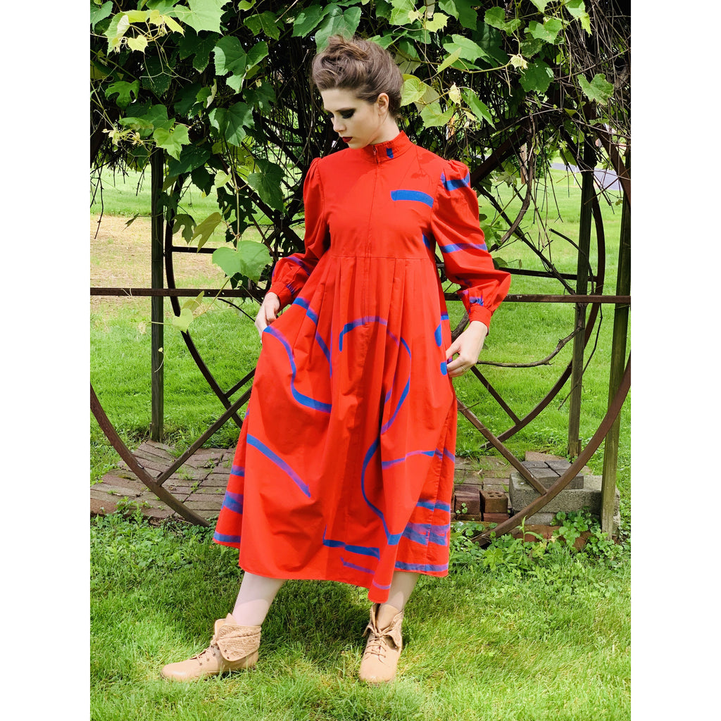 Vintage Vuokko Womens Dress XXS Bright Red Blue Abstract Print Cotton 1970s marimekko The Best Vintage Clothing