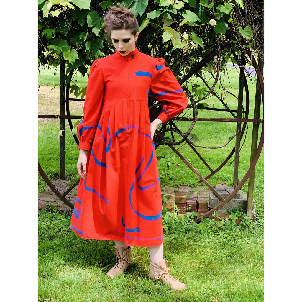 Vintage Vuokko Womens Dress XXS Bright Red Blue Abstract Print Cotton 1970s marimekko The Best Vintage Clothing