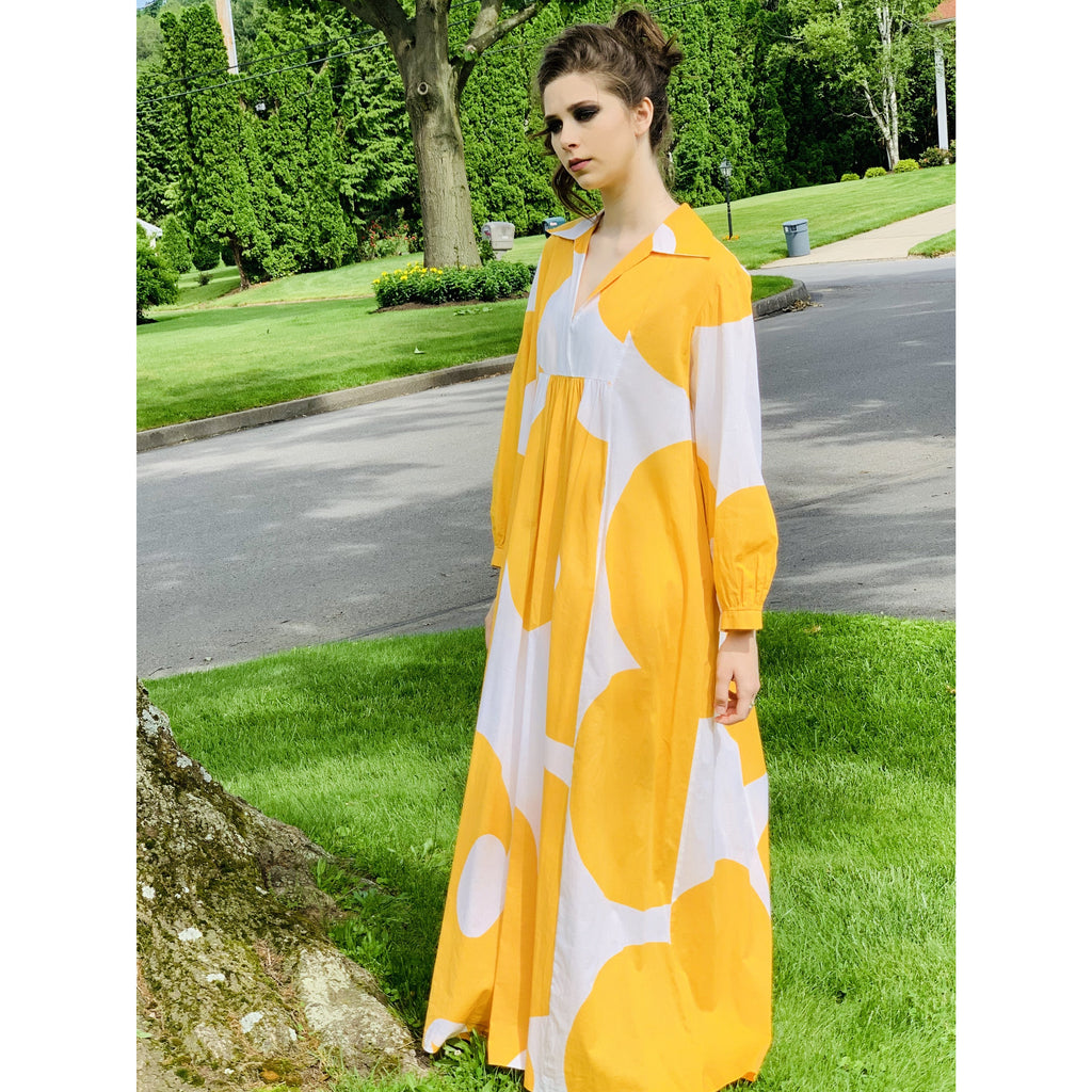 Marimekko Gown ”Jokeri” Annika Rimala Vintage 1970s Yellow White Huge Hem Maxi SZ M marimekko The Best Vintage Clothing