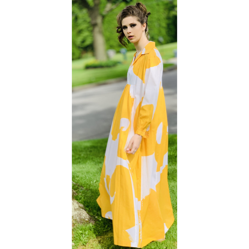 Marimekko Gown ”Jokeri” Annika Rimala Vintage 1970s Yellow White Huge Hem Maxi SZ M marimekko The Best Vintage Clothing