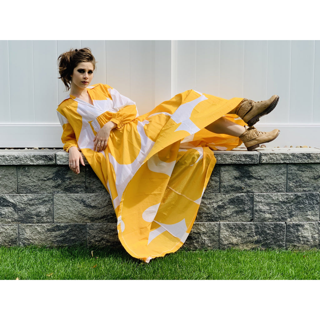 Marimekko Gown ”Jokeri” Annika Rimala Vintage 1970s Yellow White Huge Hem Maxi SZ M marimekko The Best Vintage Clothing