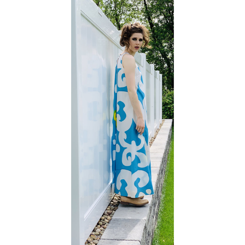 VTG 1966 RARE Marimekko Maxi Gown Turquoise Blue, White, Yellow ”Keidas” by Annika Rimala Small marimekko The Best Vintage Clothing