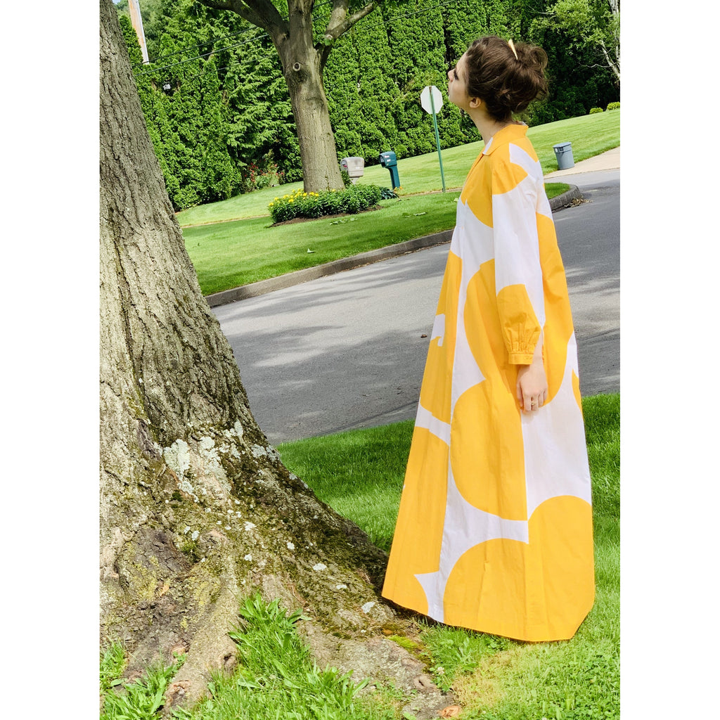 Marimekko Gown ”Jokeri” Annika Rimala Vintage 1970s Yellow White Huge Hem Maxi SZ M marimekko The Best Vintage Clothing