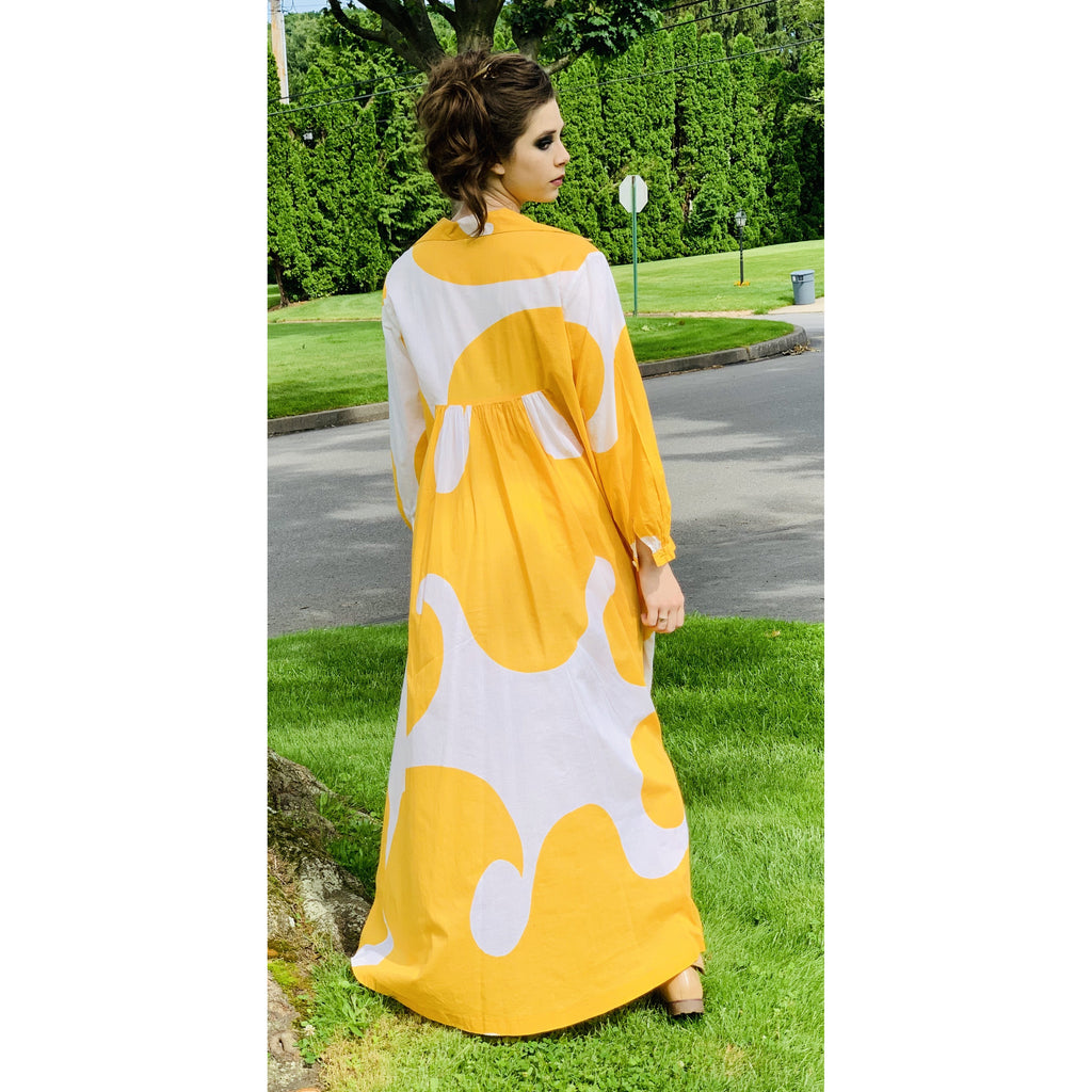 Marimekko Gown ”Jokeri” Annika Rimala Vintage 1970s Yellow White Huge Hem Maxi SZ M marimekko The Best Vintage Clothing