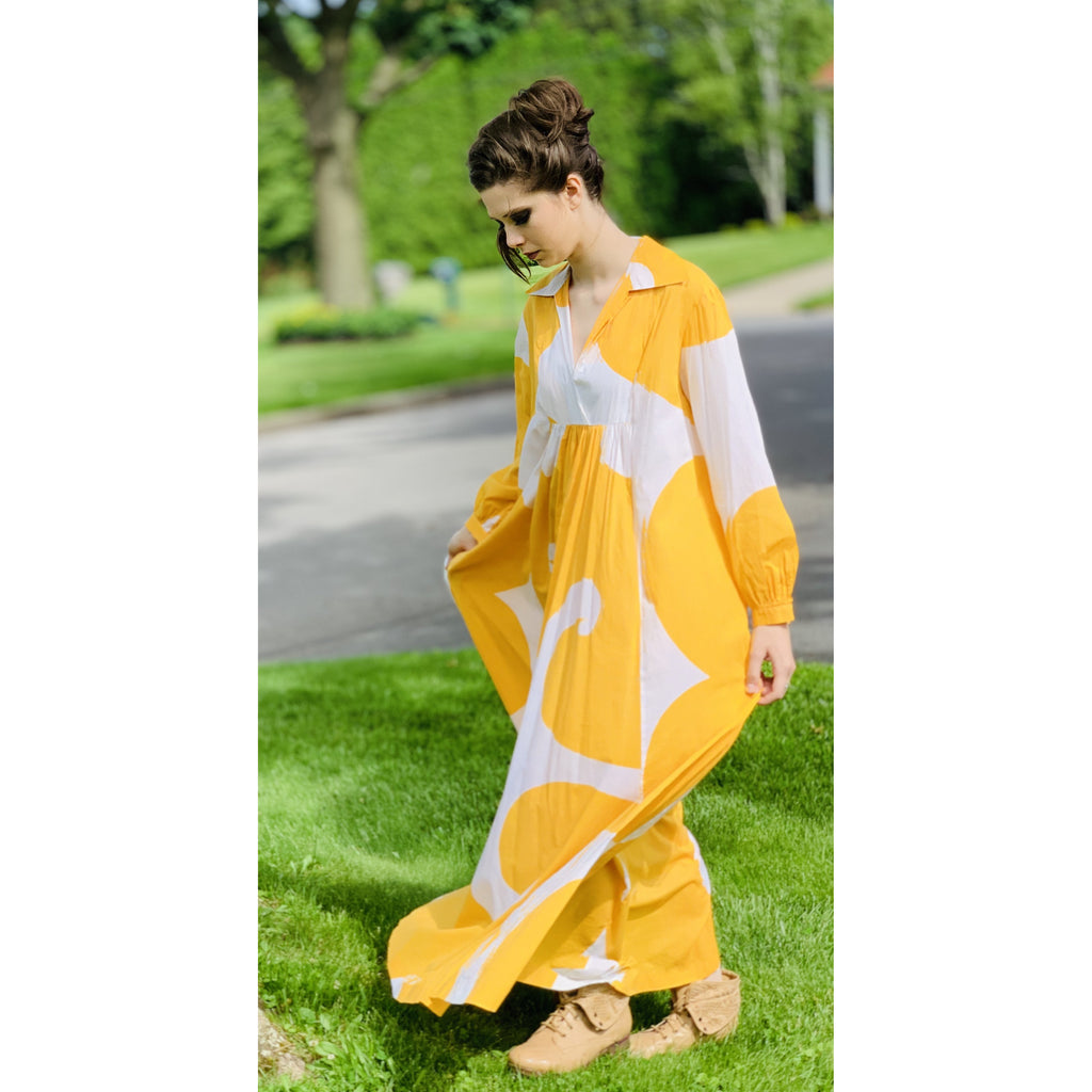 Marimekko Gown ”Jokeri” Annika Rimala Vintage 1970s Yellow White Huge Hem Maxi SZ M marimekko The Best Vintage Clothing