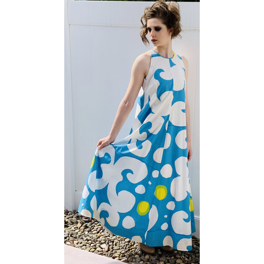 VTG 1966 RARE Marimekko Maxi Gown Turquoise Blue, White, Yellow ”Keidas” by Annika Rimala Small marimekko The Best Vintage Clothing