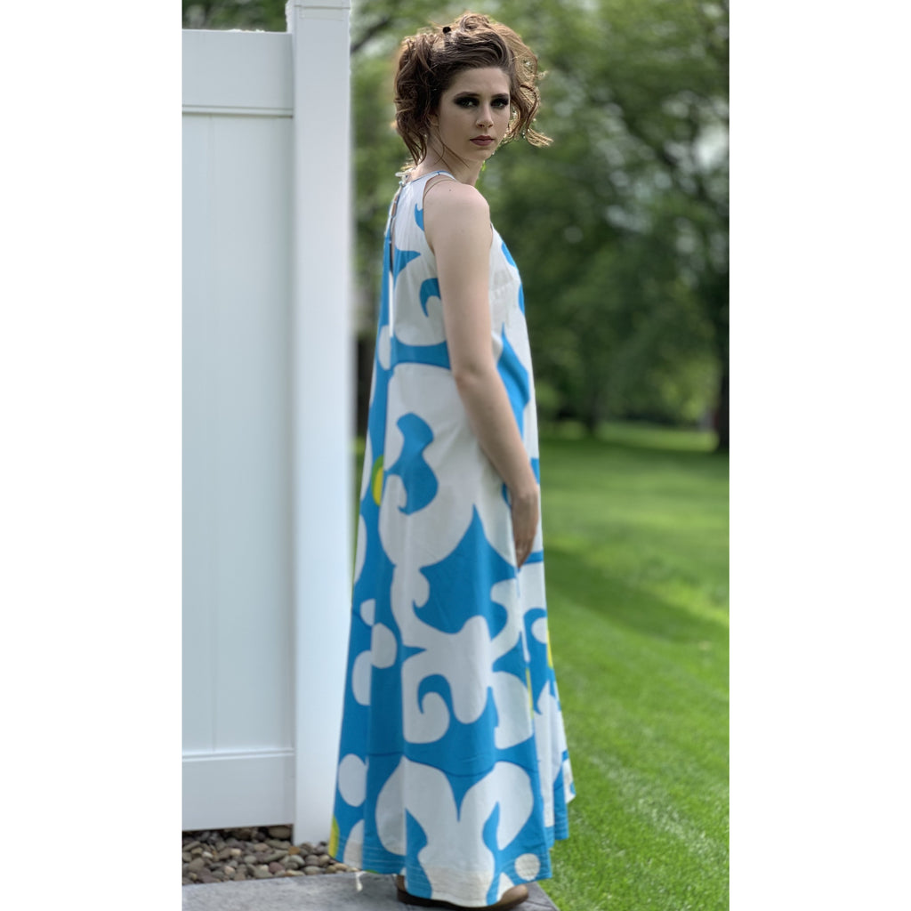 VTG 1966 RARE Marimekko Maxi Gown Turquoise Blue, White, Yellow ”Keidas” by Annika Rimala Small marimekko The Best Vintage Clothing