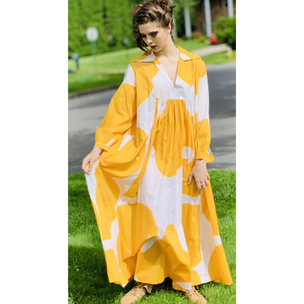 Marimekko Gown ”Jokeri” Annika Rimala Vintage 1970s Yellow White Huge Hem Maxi SZ M marimekko The Best Vintage Clothing