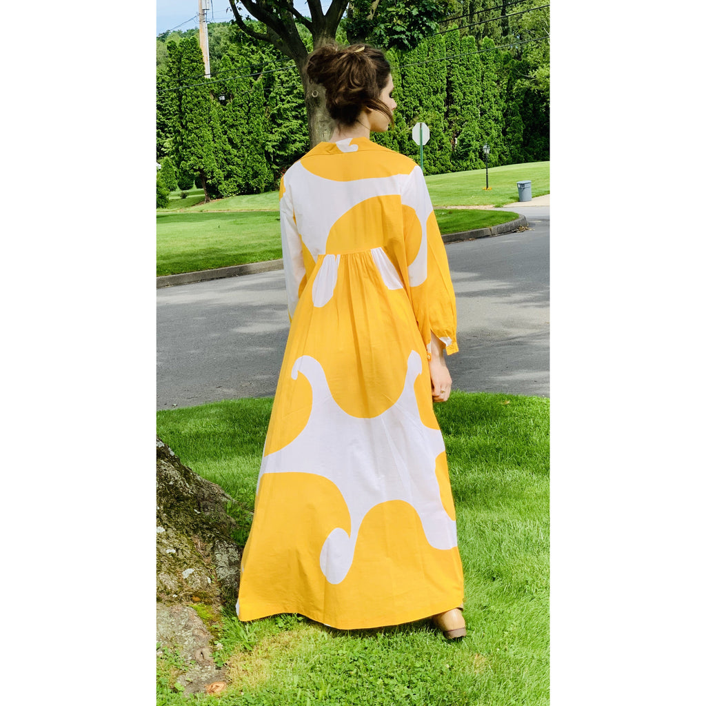 Marimekko Gown ”Jokeri” Annika Rimala Vintage 1970s Yellow White Huge Hem Maxi SZ M marimekko The Best Vintage Clothing