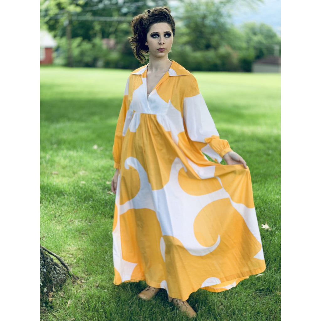 Marimekko Gown ”Jokeri” Annika Rimala Vintage 1970s Yellow White Huge Hem Maxi SZ M marimekko The Best Vintage Clothing