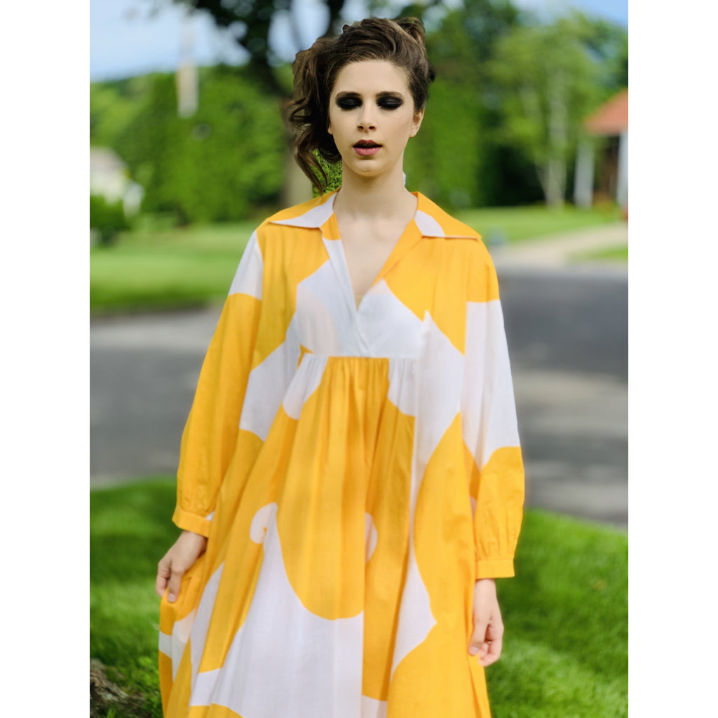 Marimekko Gown ”Jokeri” Annika Rimala Vintage 1970s Yellow White Huge Hem Maxi SZ M marimekko The Best Vintage Clothing