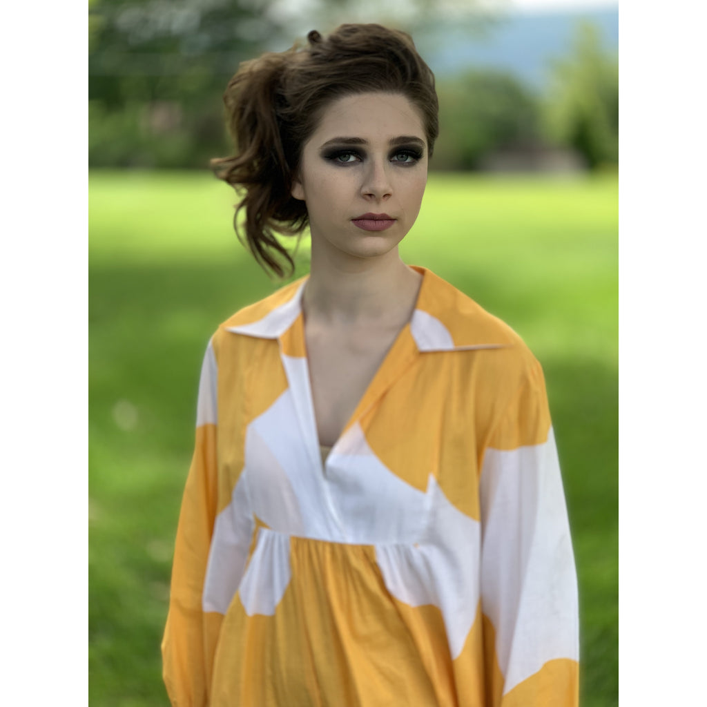 Marimekko Gown ”Jokeri” Annika Rimala Vintage 1970s Yellow White Huge Hem Maxi SZ M marimekko The Best Vintage Clothing