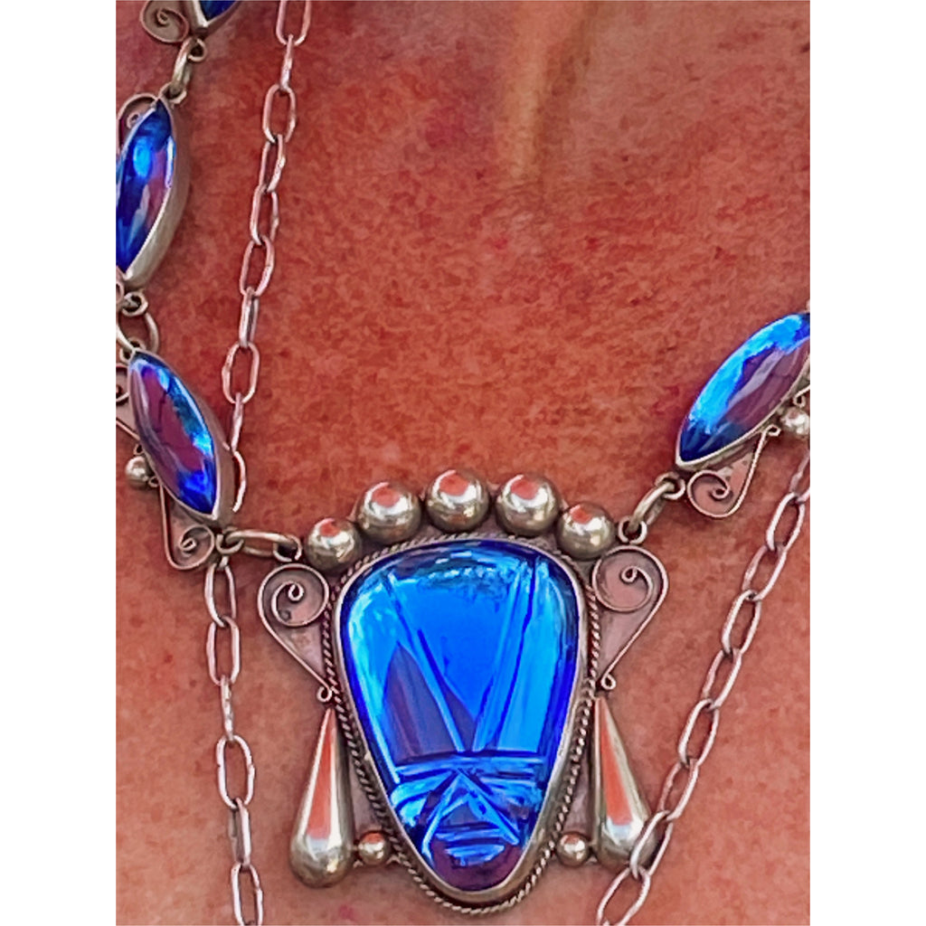 Stunning Vintage Sterling & Cobalt Taxco Signed Necklace 4 Pc Set 1940S Huge Heads Jewelry Taxco