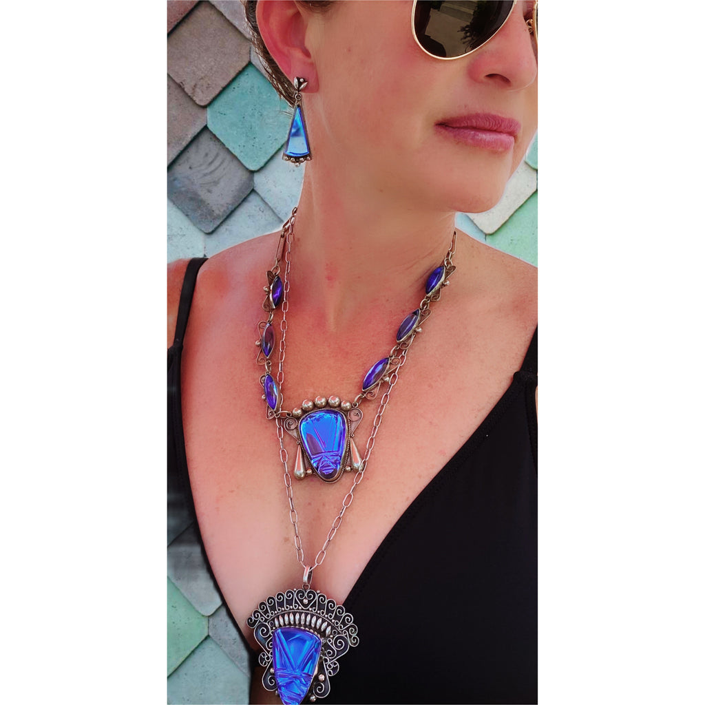 Stunning Vintage Sterling & Cobalt Taxco Signed Necklace 4 Pc Set 1940S Huge Heads Jewelry Taxco