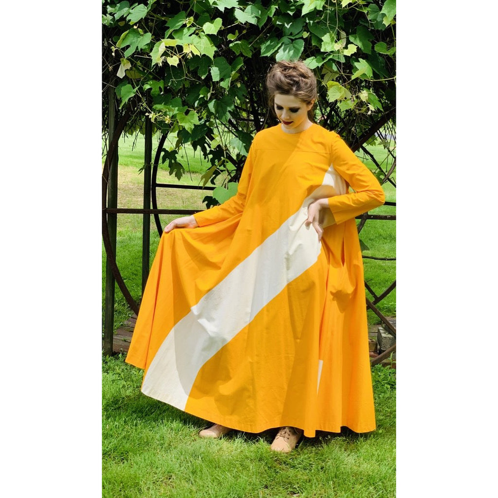 Vintage ”Metsä” Vuokko Nurmesniemi Womens Tent Dress 70s M EU42 Yellow White Stripe Cotton marimekko The Best Vintage Clothing