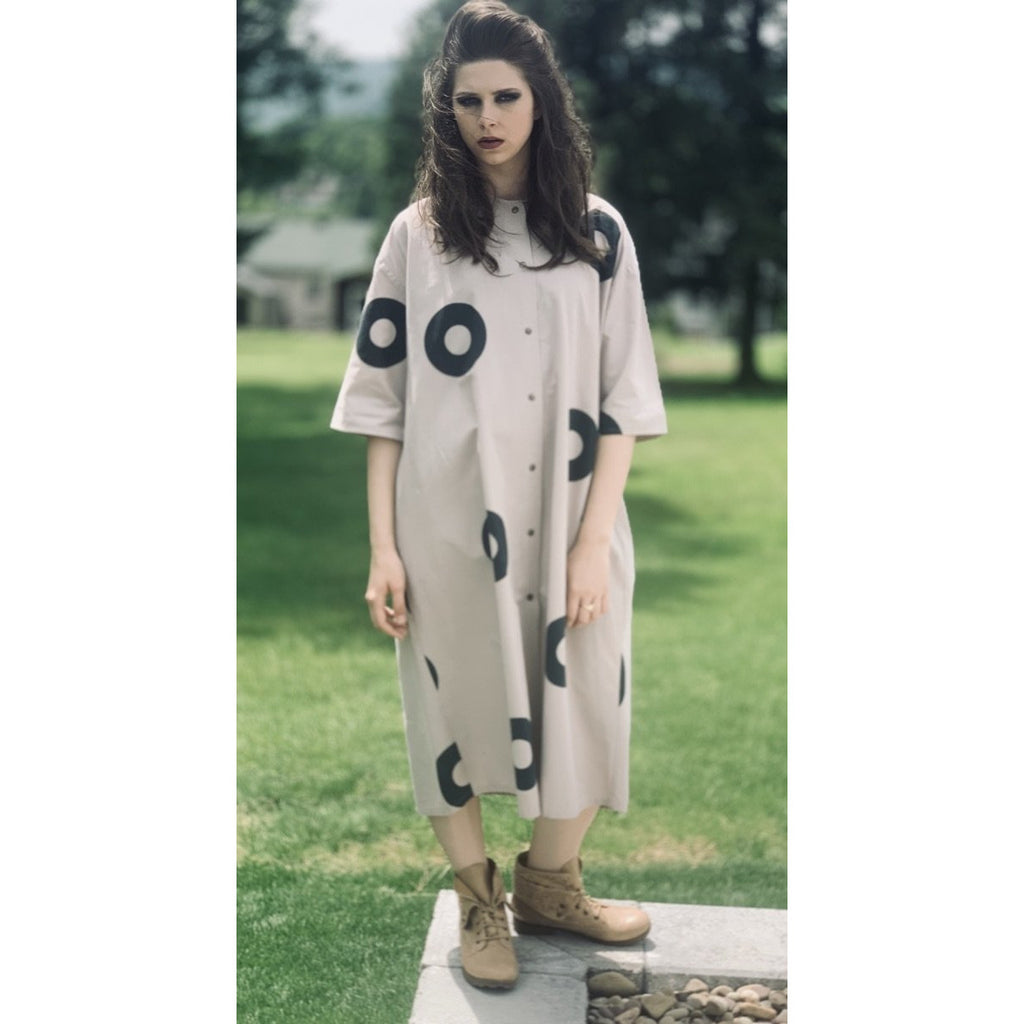 Vintage Mod 1970s Iconic Vuokko Beige / Gray Circles Geometric Print Coat Dress Sz S marimekko The Best Vintage Clothing