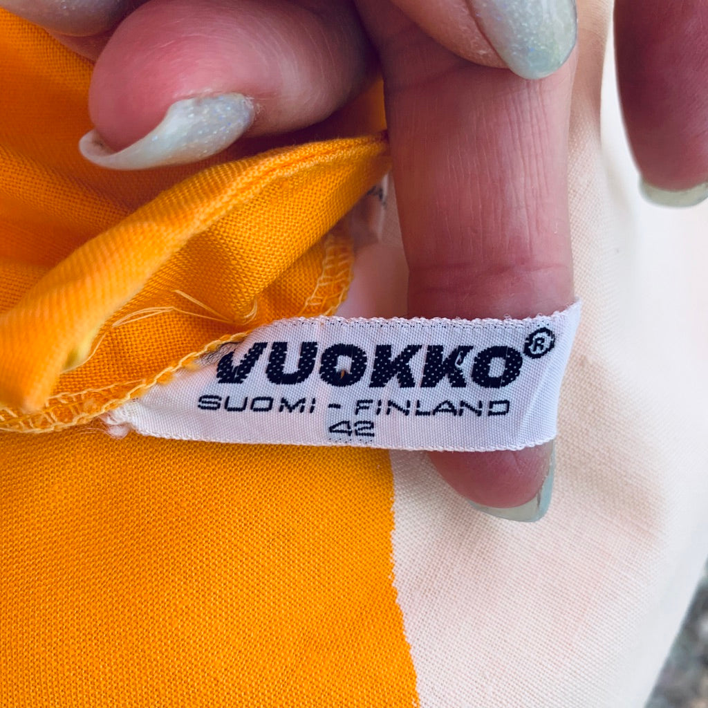 Vintage ”Metsä” Vuokko Nurmesniemi Womens Tent Dress 70s M EU42 Yellow White Stripe Cotton marimekko The Best Vintage Clothing