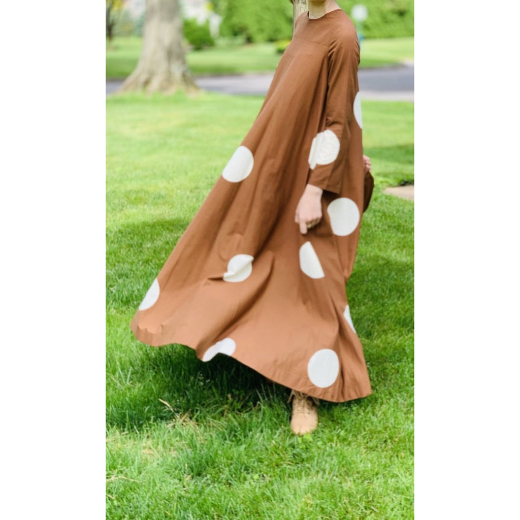 Vuokko 1970 Pallo Annika RImala Vintage Tent Gown Cotton Brown and White Polka Dot Sz 38 marimekko The Best Vintage Clothing