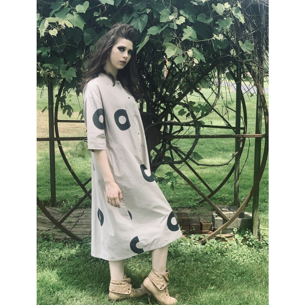 Vintage Mod 1970s Iconic Vuokko Beige / Gray Circles Geometric Print Coat Dress Sz S marimekko The Best Vintage Clothing