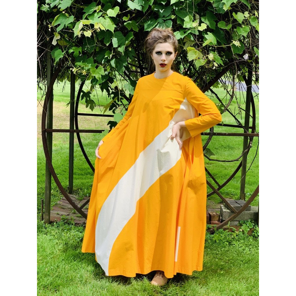 Vintage ”Metsä” Vuokko Nurmesniemi Womens Tent Dress 70s M EU42 Yellow White Stripe Cotton marimekko The Best Vintage Clothing