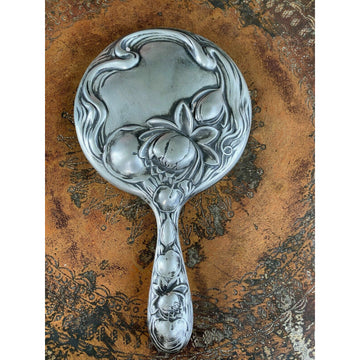 Antique Silver Hand Mirror Victorian Vanity Woman Art Nouveau Floral Bevel 9x5" The Best Vintage Clothing