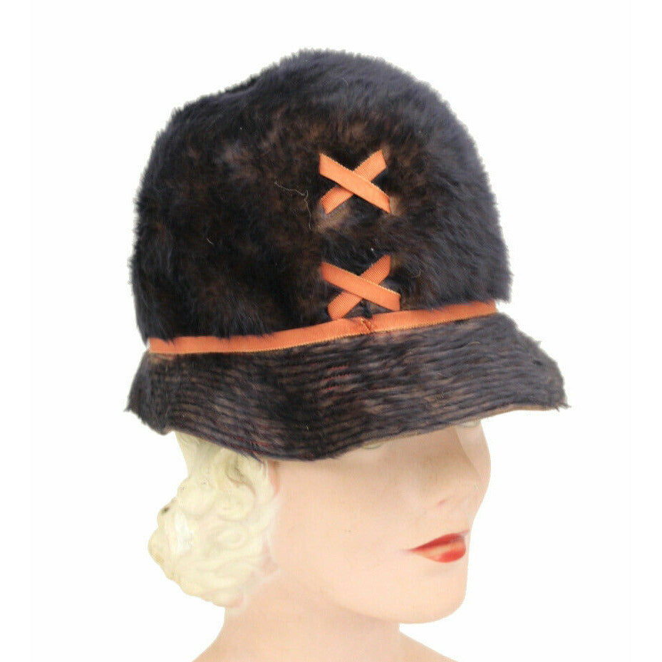 VTG 1960's Miss Carnegie / Hattie Carnegie MOD Bucket Hat Brown Fur Rust S/M The Best Vintage Clothing