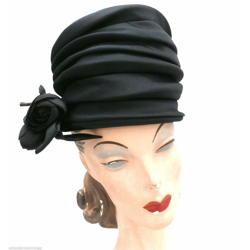 Vtg Lilly Dache Fab Tall PILLBOX Hat Cocktail DR. SEUSS Black Silk 1940s The Best Vintage Clothing