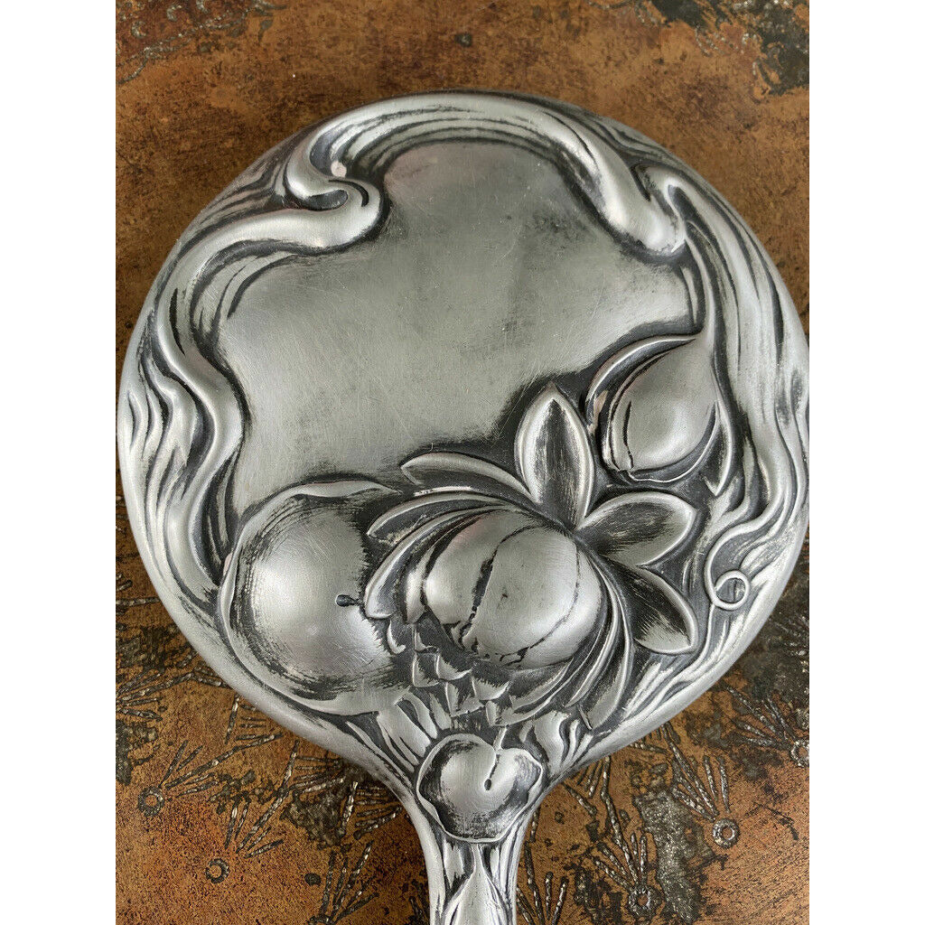 Antique Silver Hand Mirror Victorian Vanity Woman Art Nouveau Floral Bevel 9x5" The Best Vintage Clothing