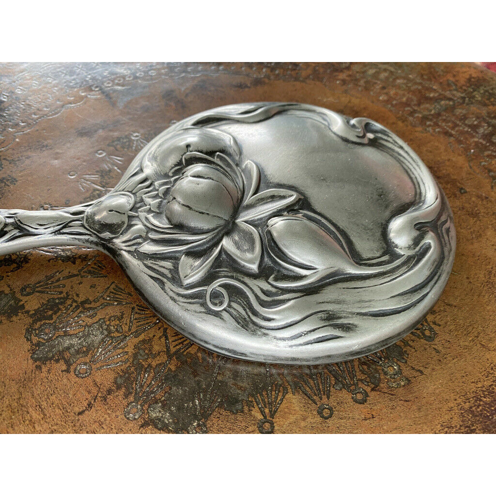 Antique Silver Hand Mirror Victorian Vanity Woman Art Nouveau Floral Bevel 9x5" The Best Vintage Clothing