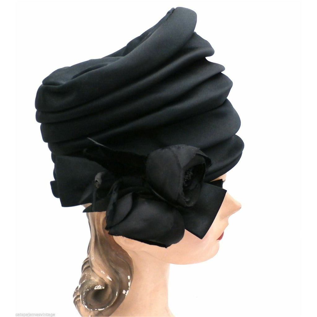 Vtg Lilly Dache Fab Tall PILLBOX Hat Cocktail DR. SEUSS Black Silk 1940s The Best Vintage Clothing