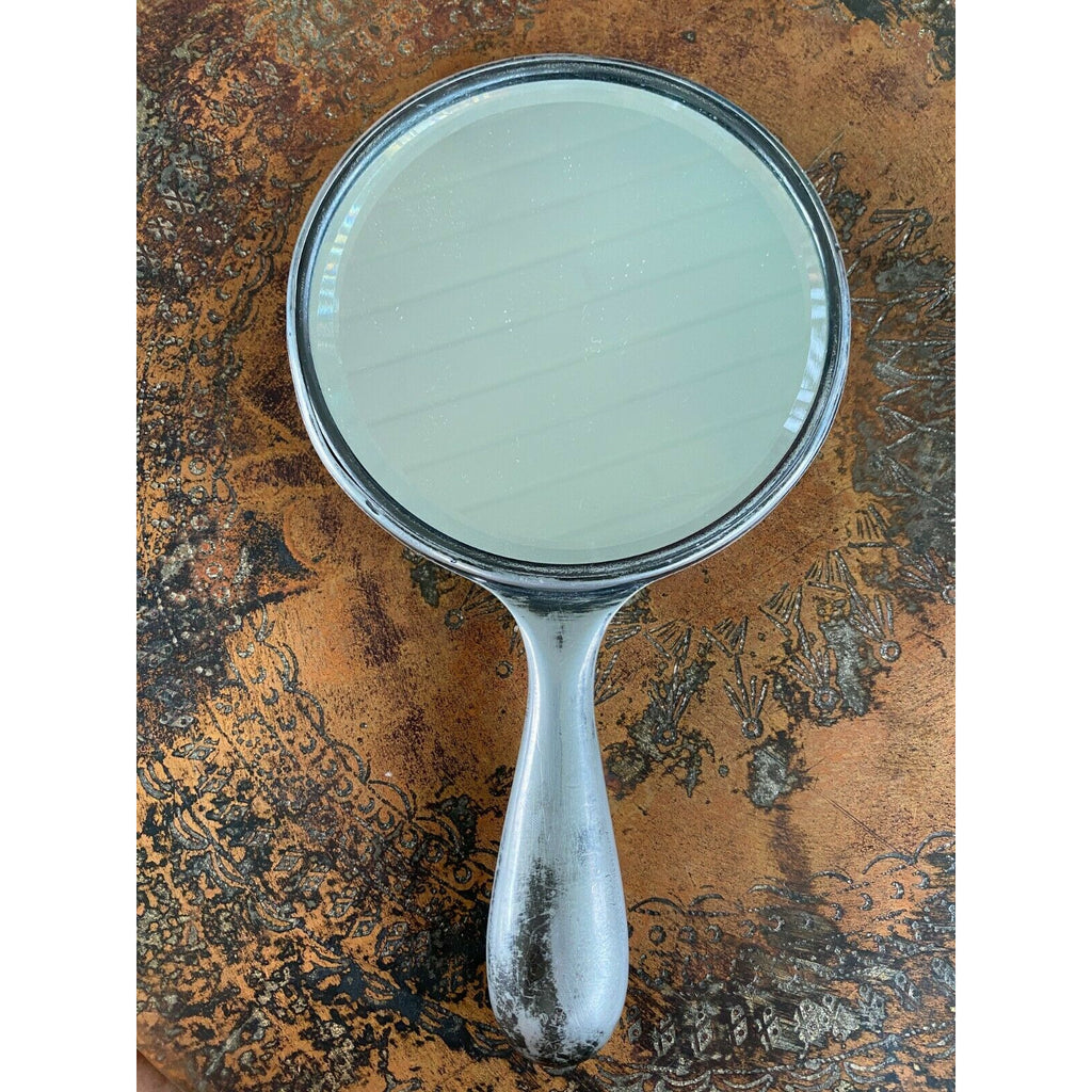 Antique Silver Hand Mirror Victorian Vanity Woman Art Nouveau Floral Bevel 9x5" The Best Vintage Clothing